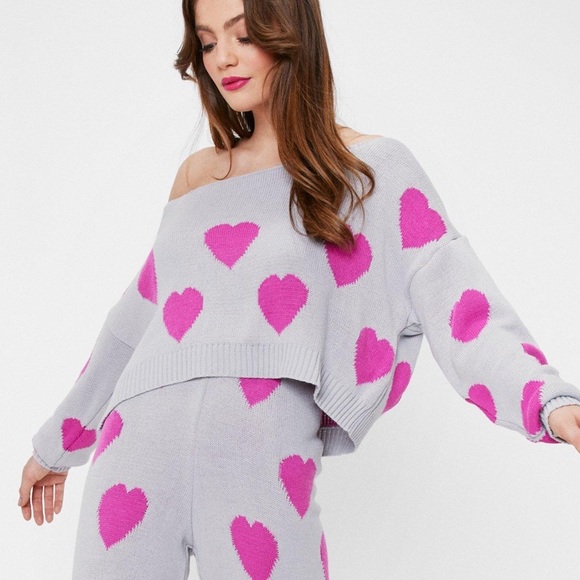 Nasty Gal Knitted Heart Off the Shoulder Sweater - Picture 1 of 7